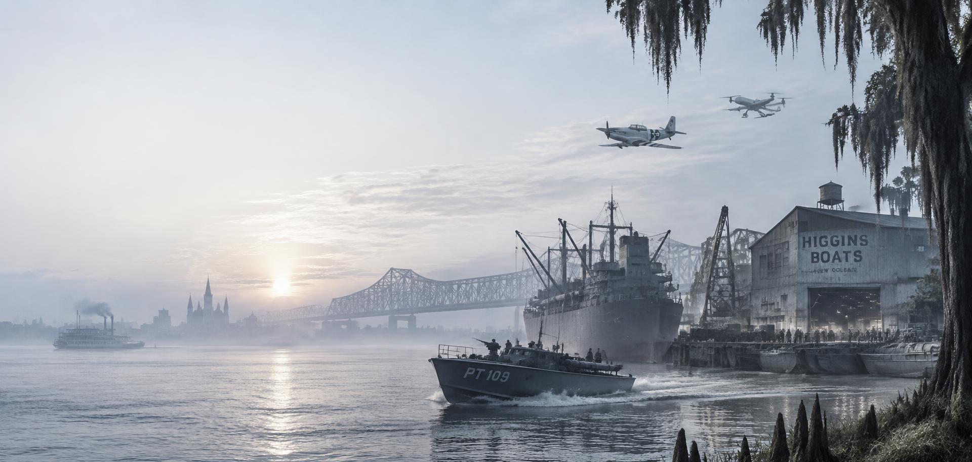 New Orleans riverfront with WW2 PT boat, Liberty ship, Higgins boat factory, P-51 and modern drone