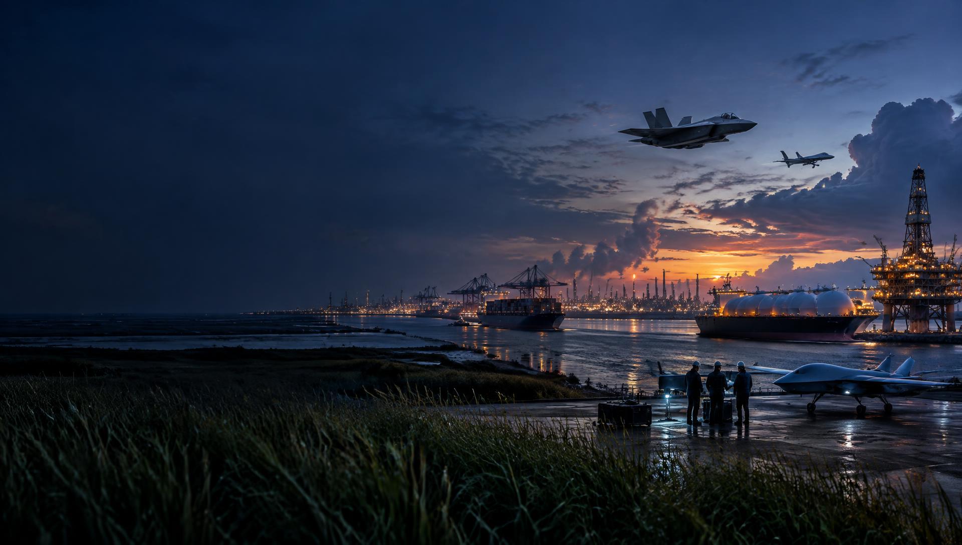 Louisiana Gulf coast at dusk: fighter jet and drone overhead, port cranes, LNG tanker, offshore rig, and engineers with a prototype aircraft