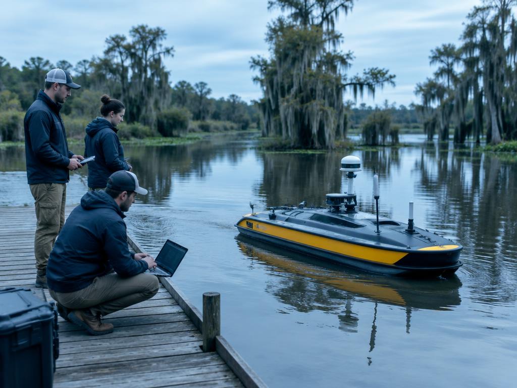 Team testing an autonomous vessel on a Louisiana bayou