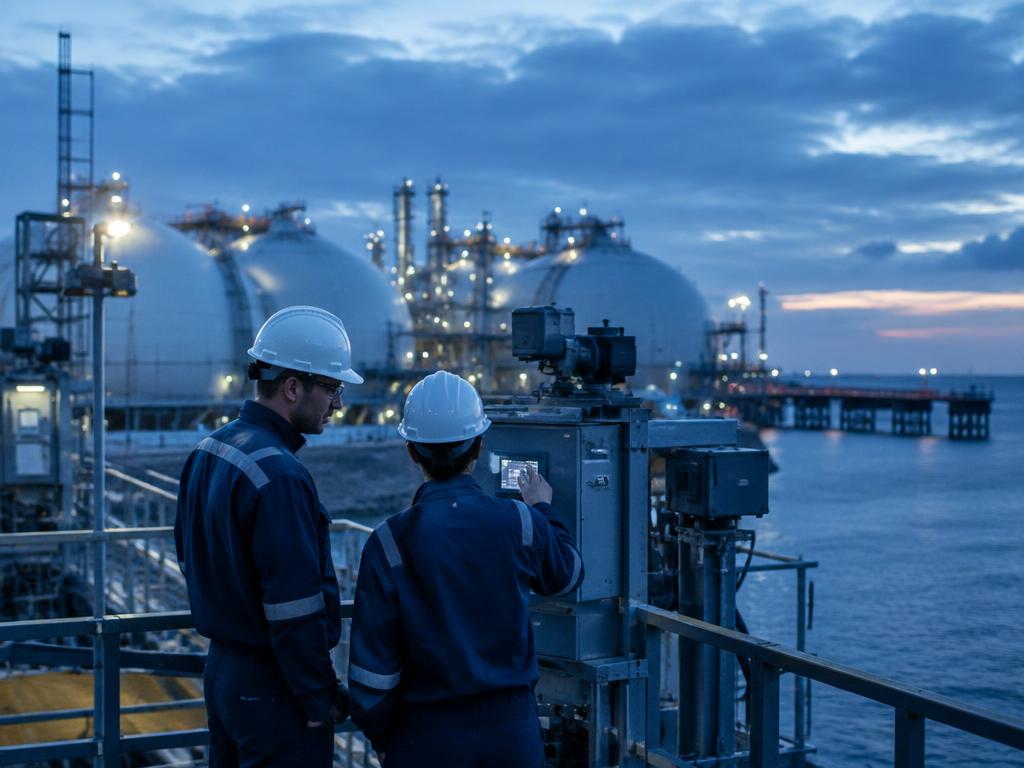 Engineers inspecting Gulf Coast LNG facility at dusk