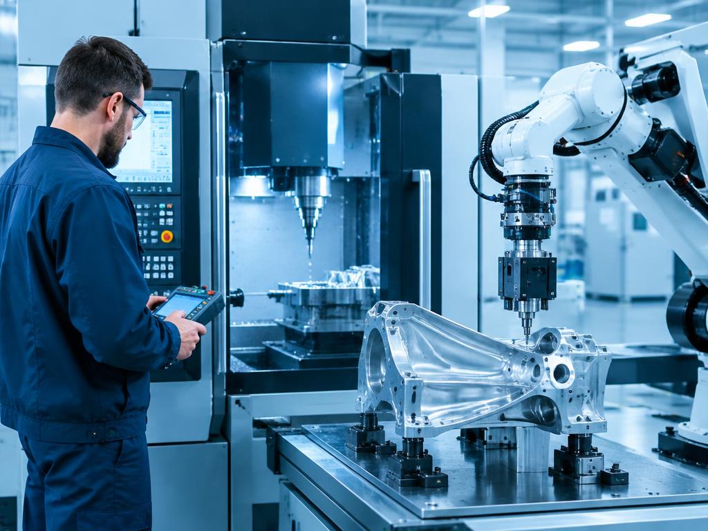 Engineer operating CNC machine and robotic arm